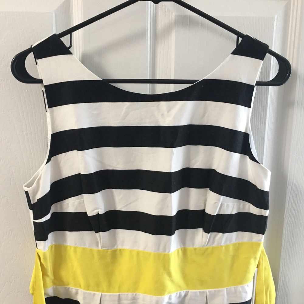 Black & White Striped Dress. Yellow Waist & Sash